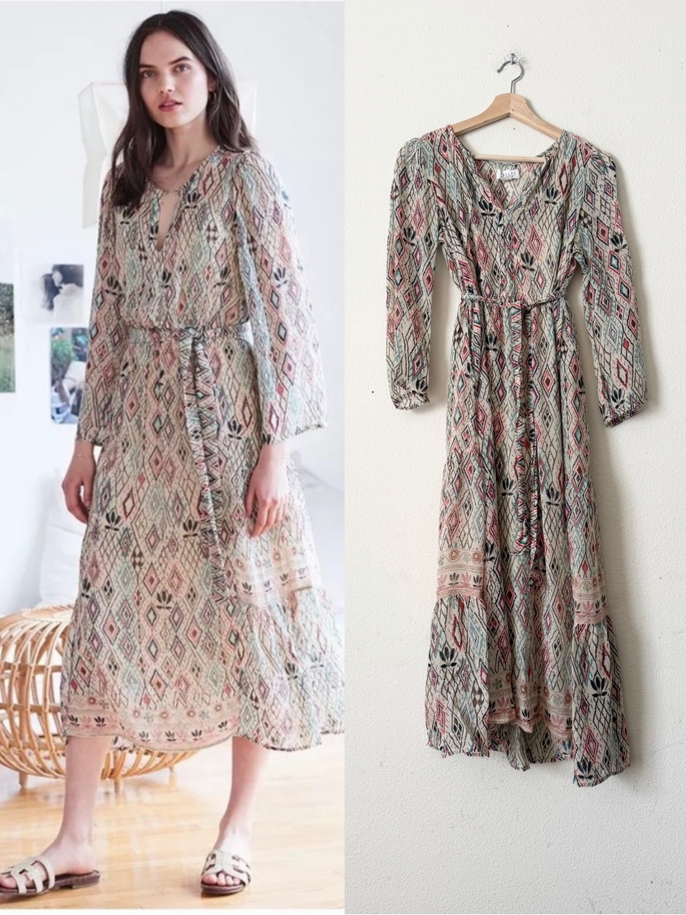 Velvet by Graham & Spencer MEDIUM aztec long sleeve tie belt midi dress